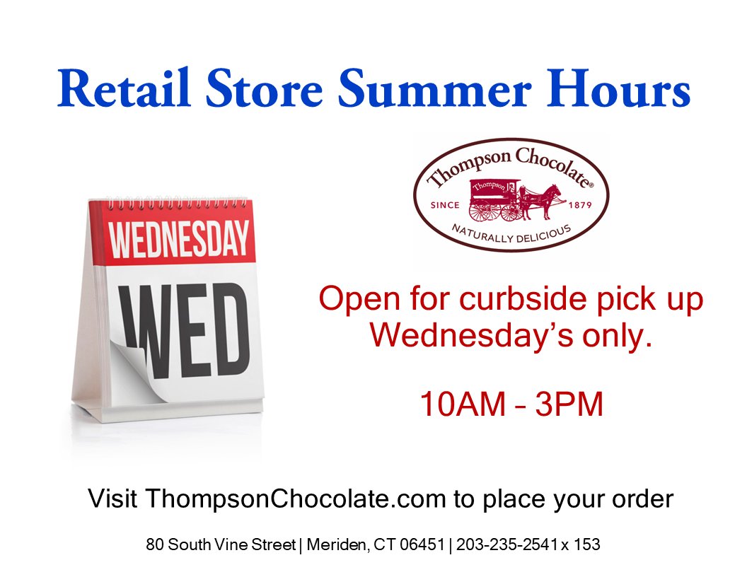 ThompsonChoc's tweet image. We will be open Wednesday's only during the summer for curbside pickup. Need to place an order? Visit our website for pickup or delivery.