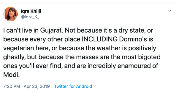 Iqra hates Gujarat.