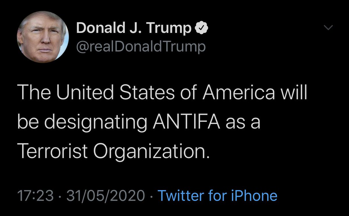 RumShopHQ's tweet photo. @realDonaldTrump I started yesterday as a law abiding citizen.
Today I’m designated a TERRORIST supporter as I am Anti Facist (ANTIFA).

Me a Terrorist Supporter, on the Furlough scheme supported by the UK Government. Does that mean UK Taxes are now supporting Terrorism? https://t.co/YazFJvSQQH