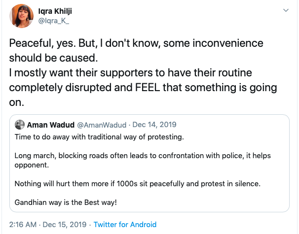 Iqra feels Indian Army has 'occupied' Kashmir, GOI is a terror organisation, and wanted Delhi residents to be inconvenienced during Shaheen Bahg sit-in protest.