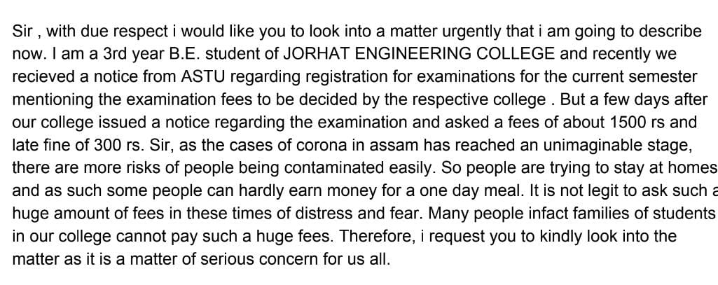ArdhenduDey15's tweet photo. In this crucial lower economic period due to COVID-19, it is my humble request to invoke your kind attention on the below attached issue.
.
.@himantabiswa
#examscancelled
#no_exam_fees https://t.co/SnSzafgmRw