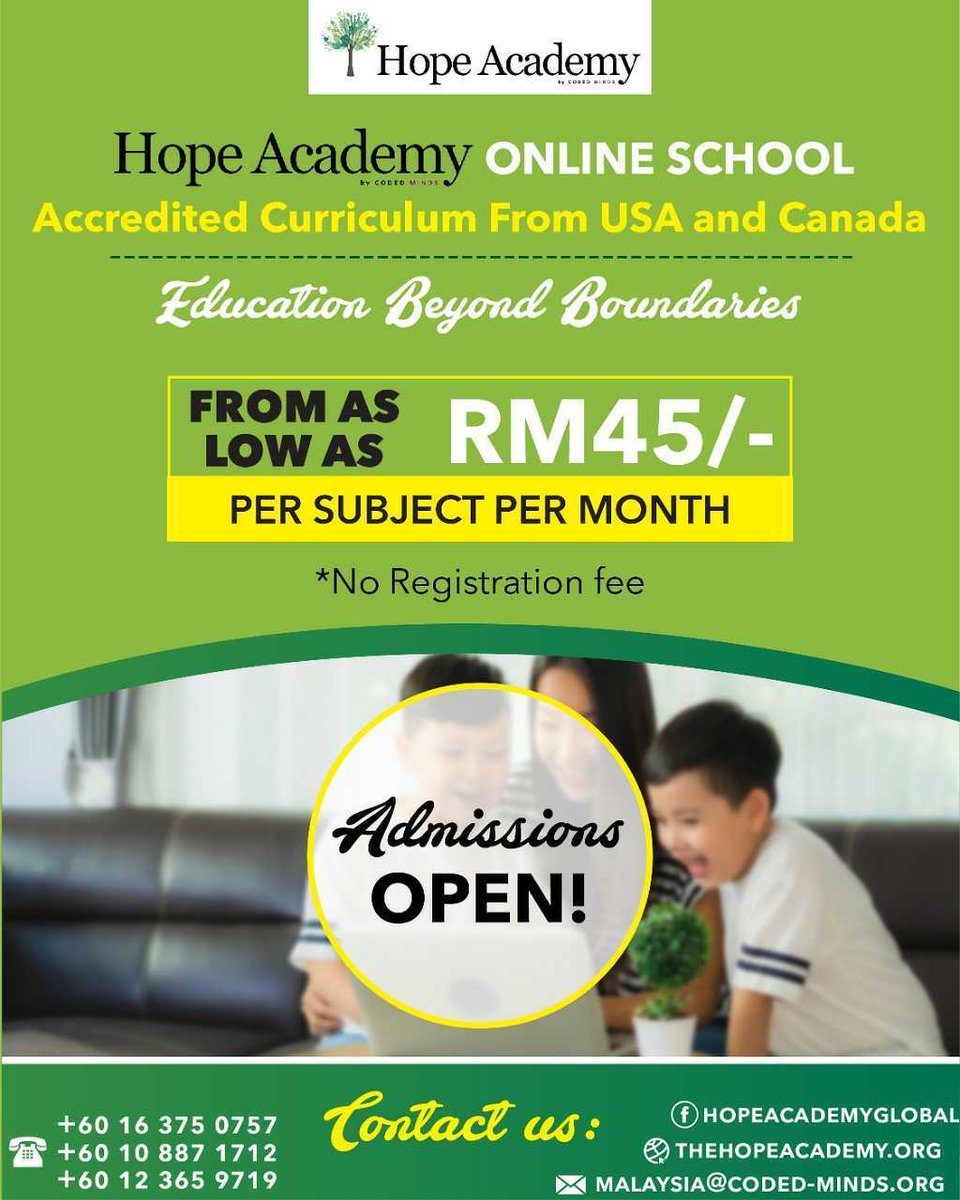 MindsCoded's tweet photo. The wait is finally over!
Coded Minds Malaysia is introducing Hope Academy - first-ever International FULLY ONLINE school!
Quality education taught in the comfort and safety of your own homes from as low as RM45/- per subject per month.
Admissions open so apply fast! https://t.co/awkRvB2RGa