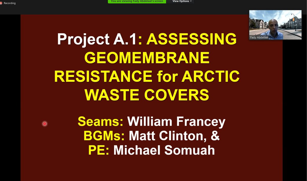 1/2 Despite the pandemic,  Profs Rowe, Brachman and Abdelaal hosted Thursday on Zoom the 14th Annual Barrier Systems Workshop with 82 attendees.(61 from industry)
The focus was on the new NSERC Strategic Project on Geosynthetic Liners for Arctic Waste Containment