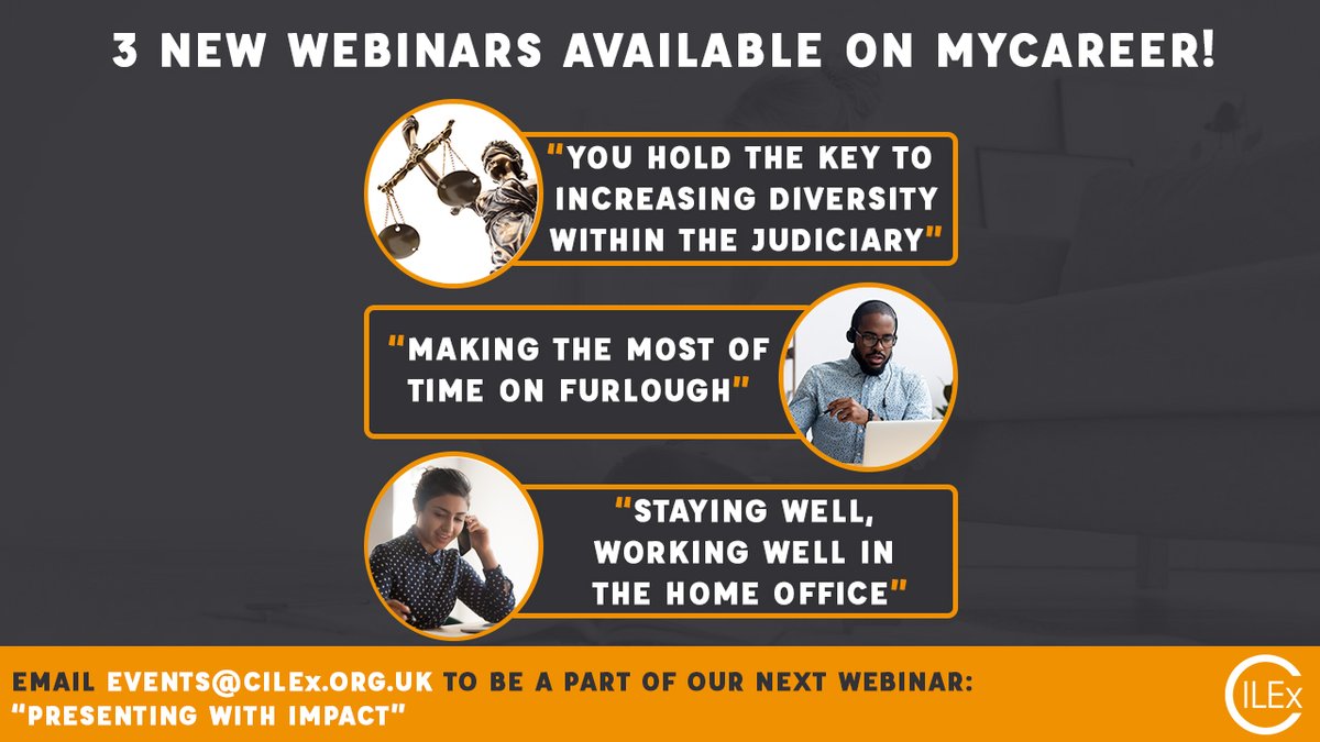 CILEx Members we have 3 newly recorded webinars available for you on the CILEx MyCareer hub, log in to check them out! If you would like to be a part of out next webinar "Presenting with Impact" this Friday please email events@cilex.org.uk #CILEx #Freewebinar #Presenting