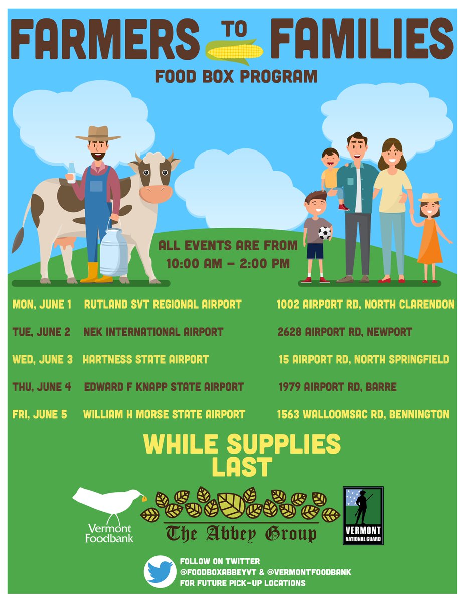#Vermont #FarmerstoFamilies Food Box dates &amp; sites for the week of June 1 are here! Thanks to <a href="/VermontFoodbank/">Vermont Foodbank</a>, <a href="/VTNationalGuard/">Vermont National Guard</a>, &amp; <a href="/AOTVermont/">Vermont Agency of Transportation</a> for all of their help in making these events run smoothly.