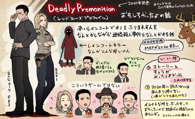 Deadly Premonition(レッドシーズプロファイル)先日無事クリアしまして、なんやかんやと楽しかったので感想絵を描いたら3枚になりました。続編楽しみすぎるわ #deadlypremonition 