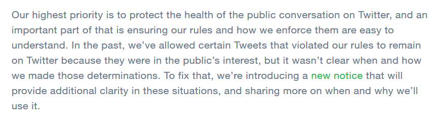 While these calculations have been made for years, it wasn’t until somewhat recently that these value judgments were codified in policy terms. Facebook didn’t say newsworthiness impacts takedown decisions until 2016; Twitter's defined its public interest approach in 2019.