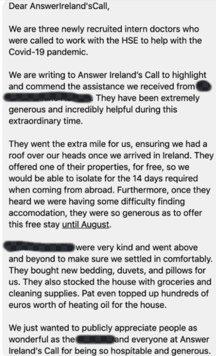 One of the enduring stories of the #IrelandVsCOVID fight, will be the endless generosity of the irish public in helping our front line wherever they were stuck for accommodation or flights.

THANK YOU to all who helped #AnswerIrelandsCall, you made a huge difference.