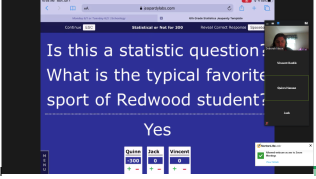 NixonMath11's tweet photo. Students today are playing Jeopardy in Zoom Breakout Rooms, and I am jumping from group to group. It feels almost like a normal day. https://t.co/6z6vS1hMtq
