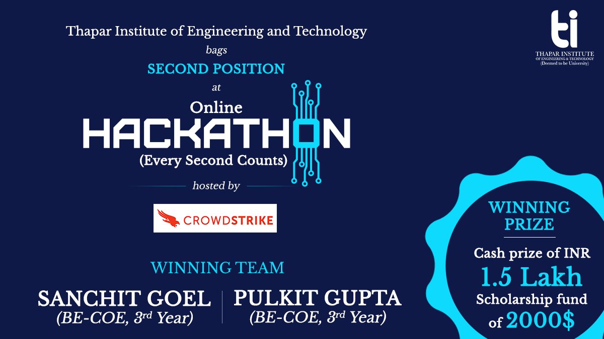 TIETofficial's tweet photo. TI students record an all-India win at 10-day CrowdStrike India's #Hackathon on Techgig platform!

Outshining 7477 participants with #algorithms, #timeseriesanalysis &amp; #optimisationtechniques, our champions made us proud yet again. Kudos to team!

Link:- https://t.co/0dipW0OPbF https://t.co/SO03CcBTxQ