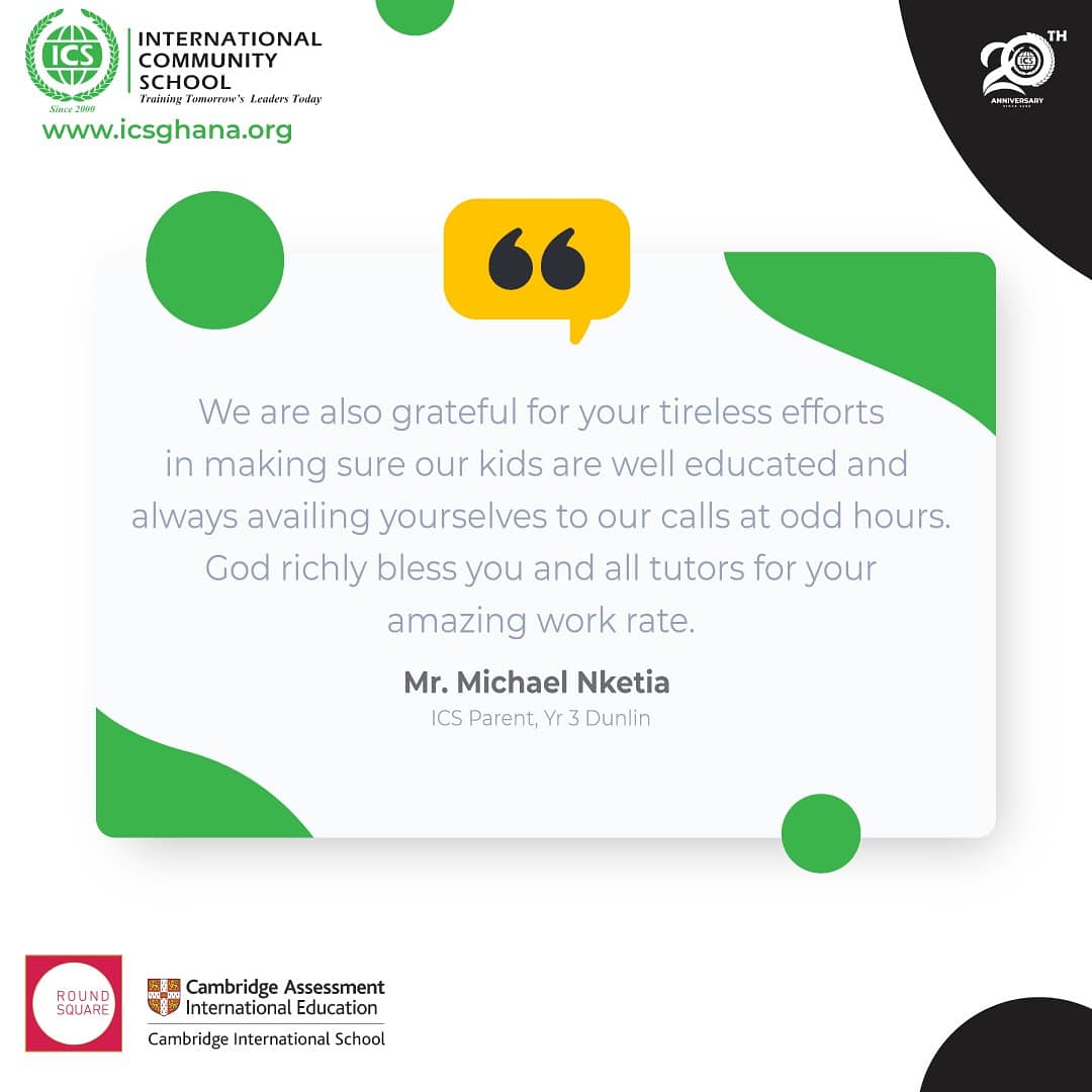 officialicsgh's tweet photo. We love to hear that our parents appreciate the work we do as much as we appreciate their support.
After a successful virtual Student-Led Conference and Parent-Teacher Conference, the positive feedback from our parents has inspired us to do more.
#20YearsofICS #PreSchool https://t.co/6wJrU6tM5m