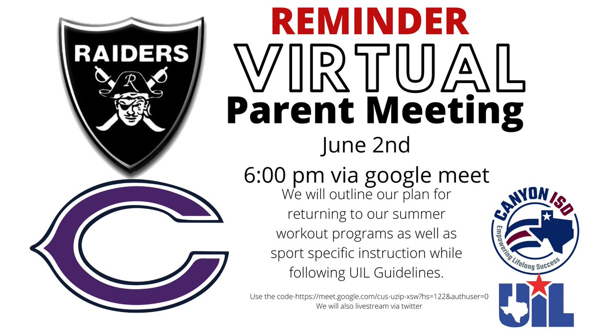CanyonAthDept's tweet photo. Tomorrow (Tuesday) at 6pm join us for a short parent meeting as we outline our plan to begin summer workouts on June 8th.  This will be a google meeting and streamed live on twitter.  Here is the link. https://t.co/RAcU81Kutl https://t.co/VeHxw13DRh
