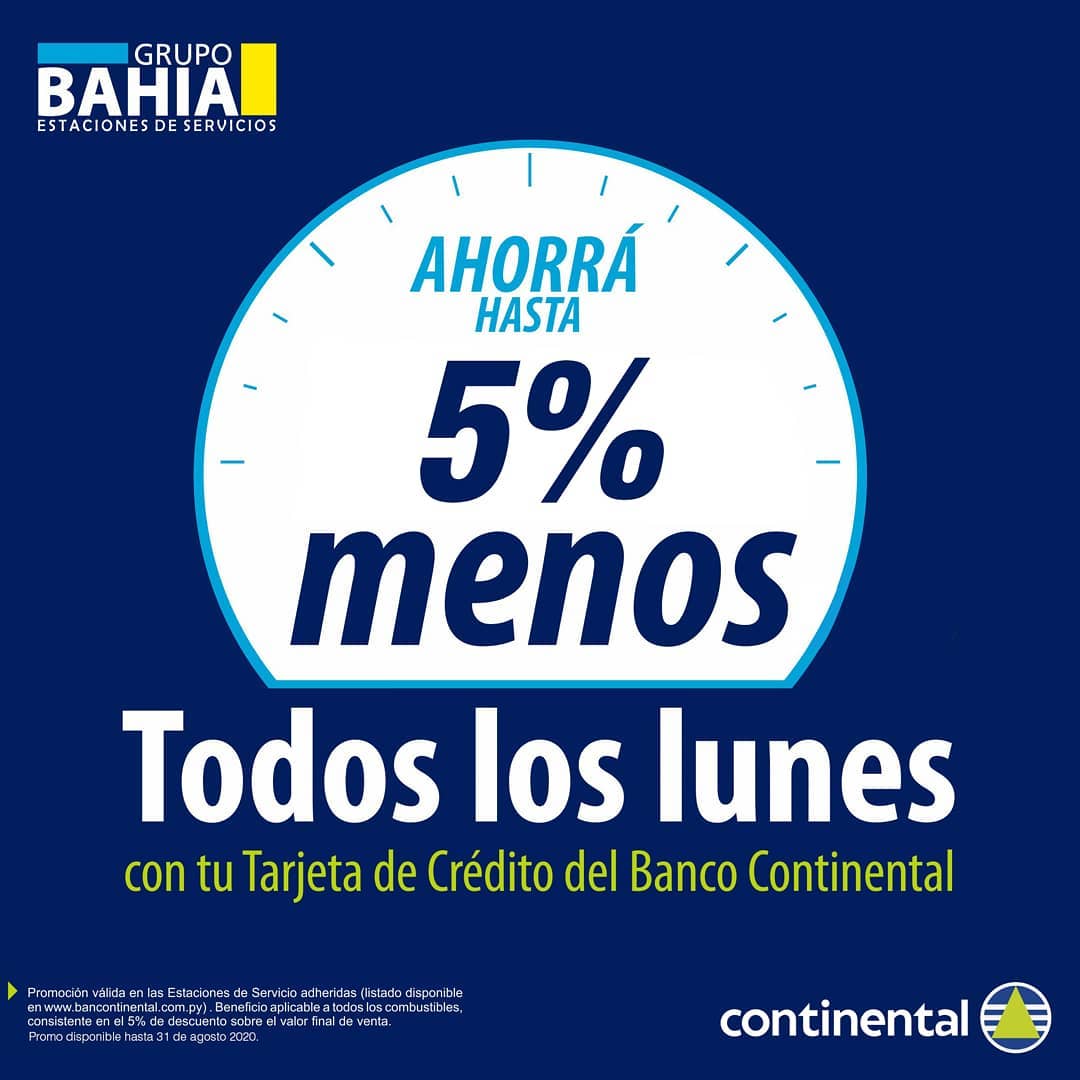 Ahora con tu tarjeta <a href="/bcontinentalpy/">Banco Continental Py</a> tenés 5% de descuento todos los lunes en todas las estaciones del Grupo Bahia. 💳🚗 
¡Aprovechá tu Banco!