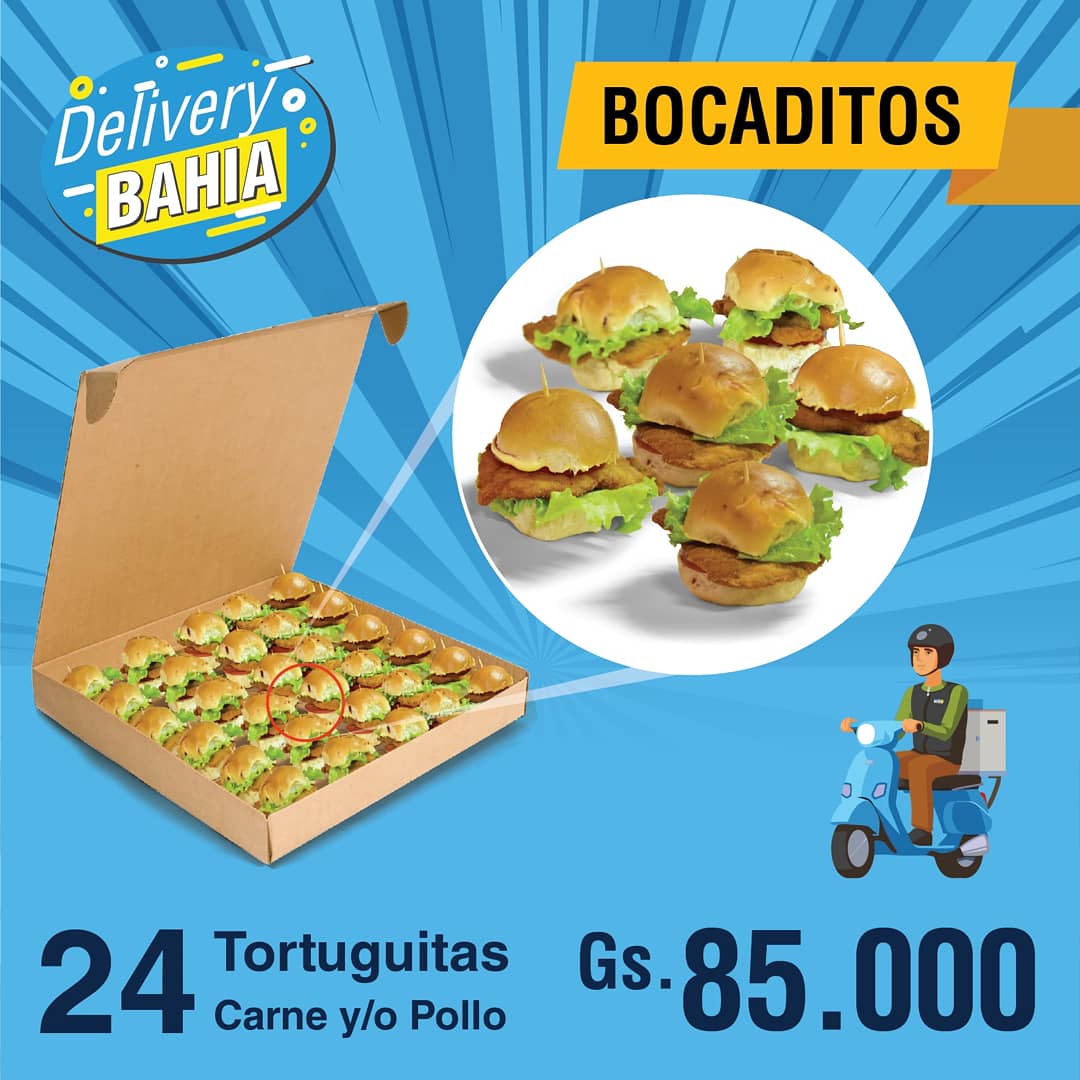 ¿Ya probaste los Bocaditos Bahia? Pedilo YA! ¡y te lo llevamos hasta tu casa! 🤤🥪🥟 
⏱️ Horario de pedidos de 10:00 a 21:00 Hs. 
📲 0983 485 902 - Madame Lynch - Denis Roa - Villa Morra - Sta. Teresa 
📲 0983 565 503 - Botánico - Artigas - Sacramento 
📲 0984 631 878 - M. R.A.