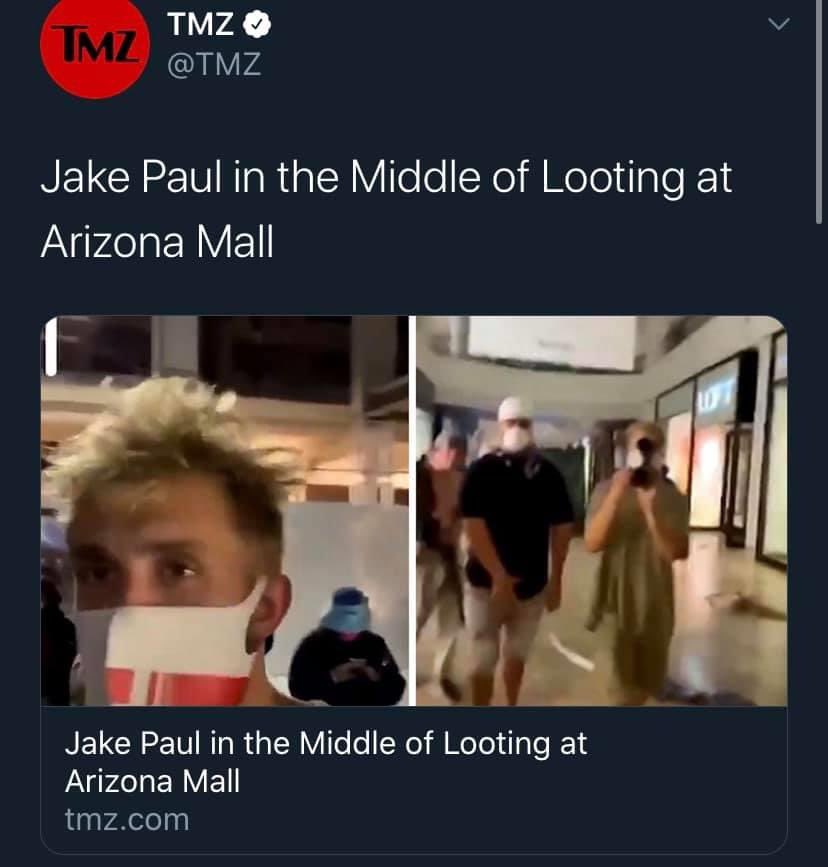 LaRocaBluTv's tweet photo. Jake Paul a grt example of how some White people are just delusional, as a millionaire you could’ve donated to the cause in Minnesota but instead you decided to come looting in Scottsdale where the protest ain’t even taking place, This fucker needs to be arrested. #JakePaul https://t.co/1SeELeqy02
