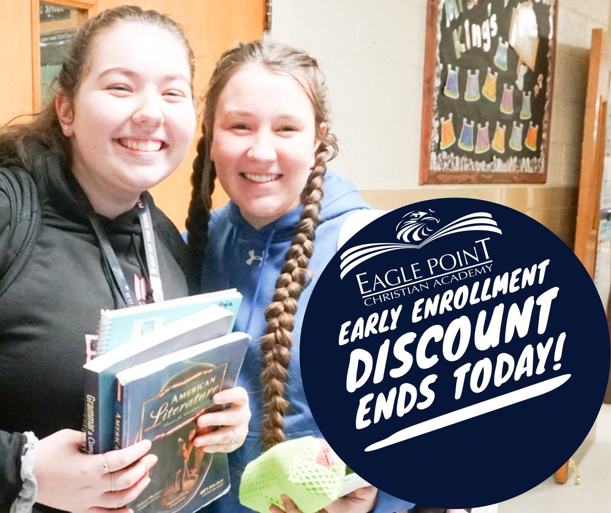 EPCASapulpa's tweet photo. 🚨 Early enrollment discount ends today!!! 🚨 

💻 Login to your FACTS account to enroll. 

🌎 District code is EP-OK.

✅  https://t.co/WI4UW0hQLA

#EaglePointNowEnrolling https://t.co/Njb6pz3Bbb
