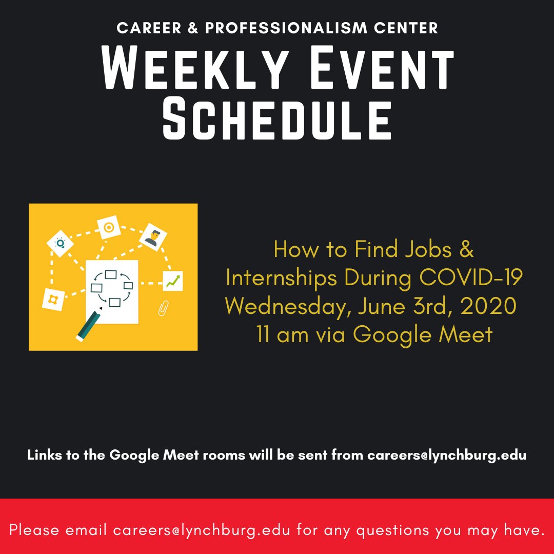 CareerAndProCtr's tweet image. The Career &amp;amp; Professionalism Center is hosting the following event this week! #JobSearch #InternshipSearch #COVID19 #Resumes #Applications #Careers #UniversityofLynchburg #HireaHornet