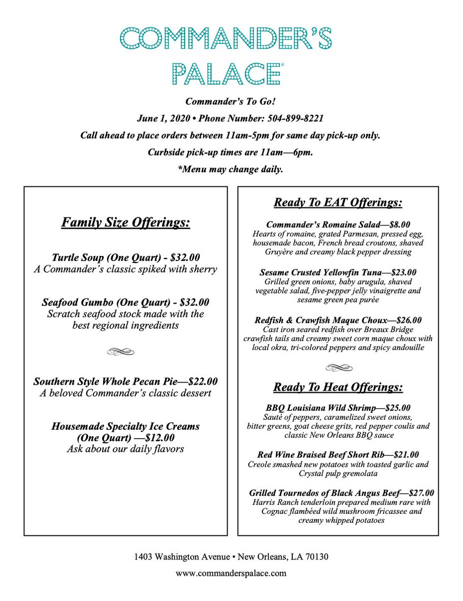 Today's menu features our Red Wine Braised Short Ribs among other chef specials. Curbside pickup available from 11am - 6pm when you order ahead from 11am-5pm. 🍽️📞 #nolaopen #neworleans #gardendistrict #nolalunch #noladinner #chefspecials #chefsmenu #commanderspalace