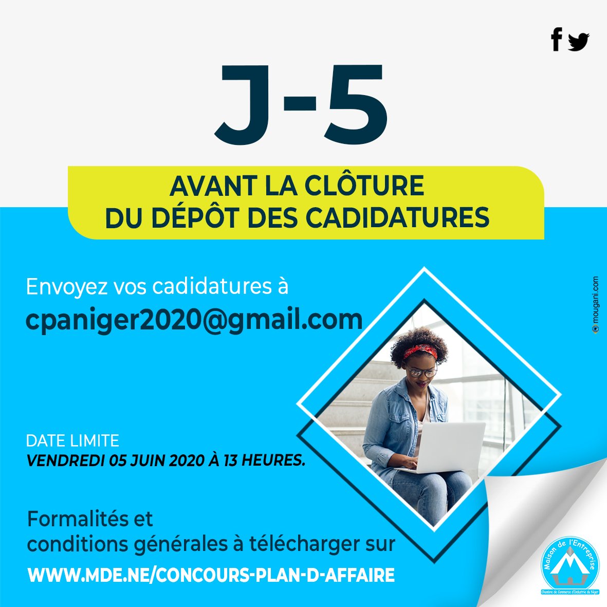 TIC ! TAC ! ⌛️
Envoyez vite vos candidatures pour la #CPA2020 à cpaniger2020@gmail.com. 
Date limite de dépôt des candidatures : vendredi 5 Juin 2020 à 13H.
Formulaire de candidature et conditions générales de participation à télécharger ici 👉🏼 mde.ne/concours-plan-…