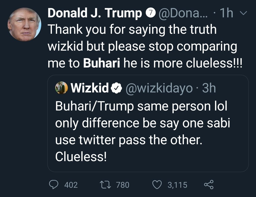 Temsuntbaba's tweet photo. Trump self even sabi wizzzy 

#wizkid https://t.co/wdbCAUMdKF
