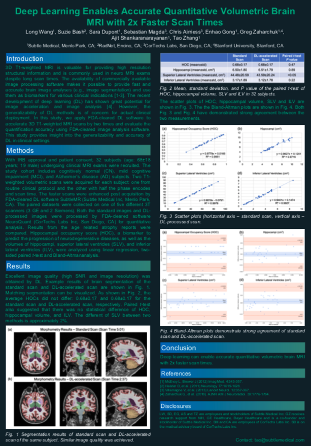 SubtleMedical's tweet image. Our joint abstract &amp;amp; poster with @CorTechs_Labs is live at #ASNR20! We&apos;re using FDA-cleared #SubtleMR and #Neuroquant to expand the limits of #DL by enabling accurate quantitative volumetric brain #MRI with 2x faster scan times.@TheASNR @suzie_bash 

Read:
drive.google.com/file/d/1932_JM…
