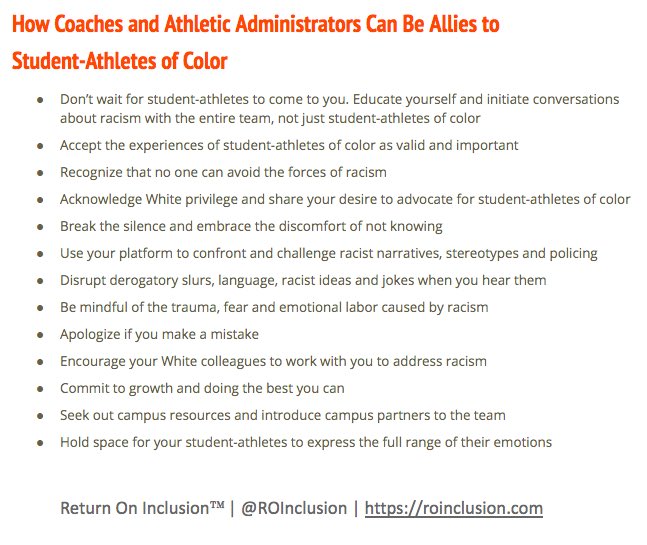 If you work in college athletics either coaching or any level of administration follow <a href="/ROInclusion/">Return On Inclusion™</a> for great suggestions on how you can be an ally for your black athletes during this time. Thank you <a href="/NevinCaple/">Nevin Caple</a>.