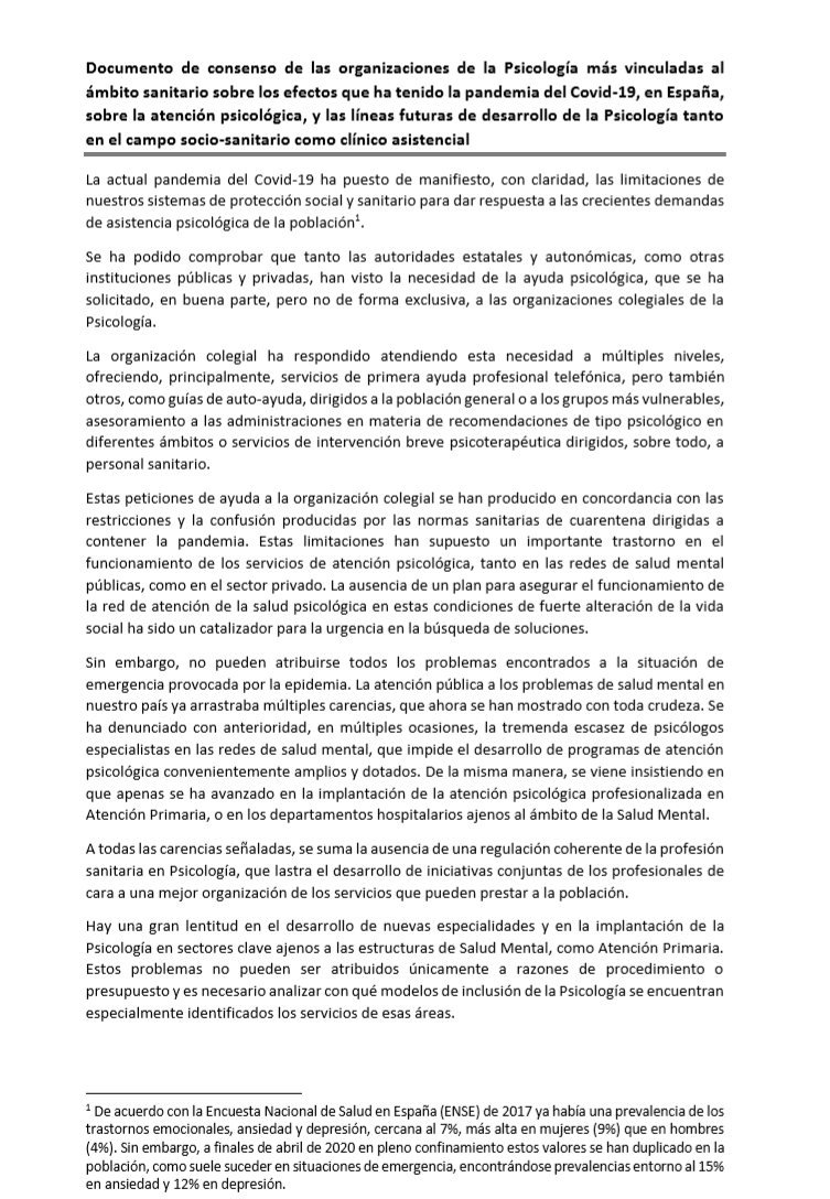 AEIDTF's tweet photo. Nuestra asociación apoya el documento de consenso de las organizaciones de la Psicología más vinculadas al ámbito sanitario sobre los efectos que ha tenido la pandemia del Covid-19. https://t.co/2hXAFwth1Z