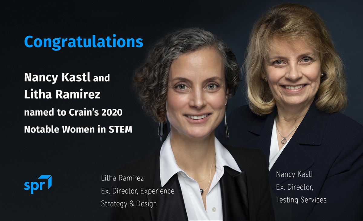 We are proud to share 2 of SPR's teammates were selected as Notable Women in STEM by <a href="/CrainsChicago/">Crain's Chicago Business</a>. Nancy Kastl &amp; Litha Ramirez are part of a select group of accomplished women recognized for mentorship &amp; leadership in #STEM. Read more: bit.ly/2BhNZlO <a href="/LirRam/">LitRam</a>