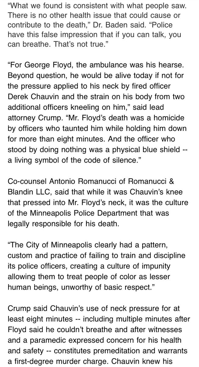 AttorneyCrump's tweet image. Independent medical examiners determined #GeorgeFloyd’s death was due to asphyxia from sustained forceful pressure. Full statement: