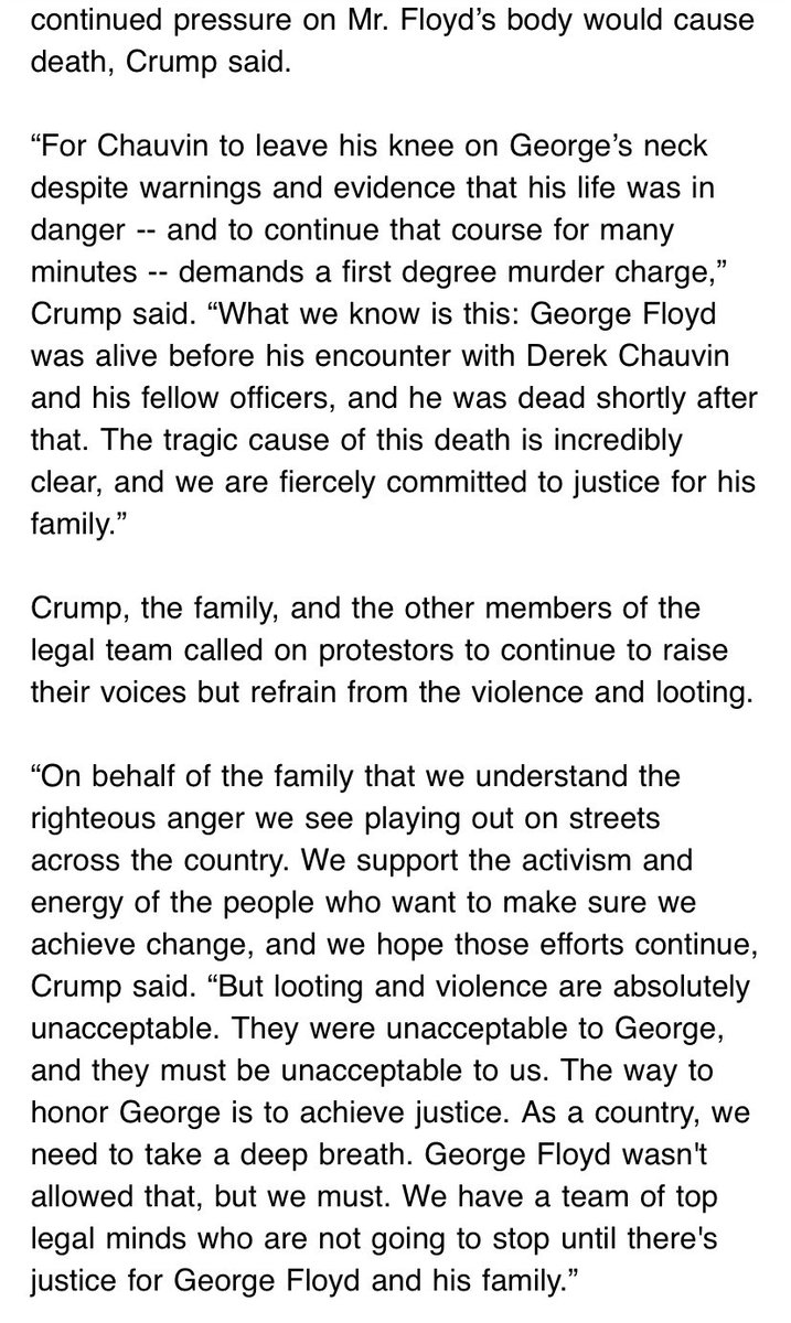 AttorneyCrump's tweet image. Independent medical examiners determined #GeorgeFloyd’s death was due to asphyxia from sustained forceful pressure. Full statement: