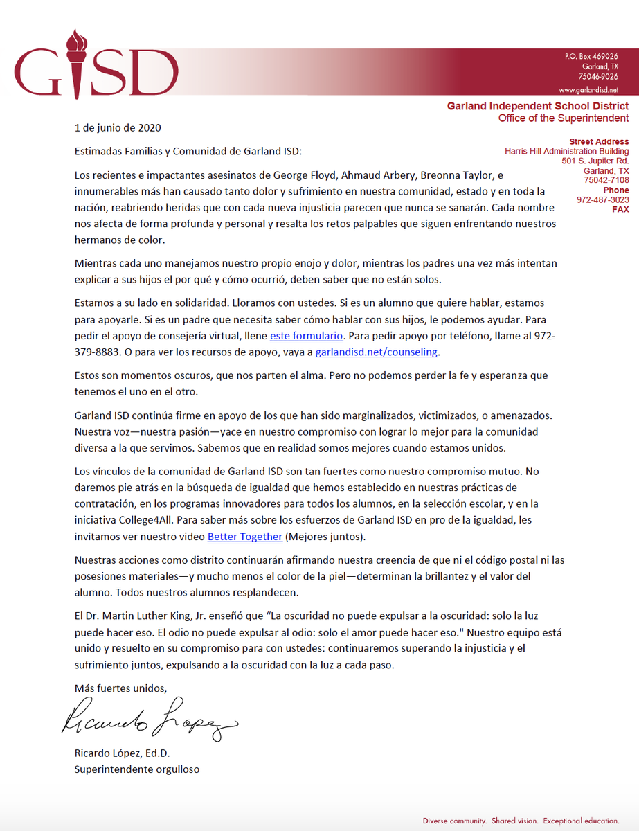 gisdnews's tweet photo. Please see an important message from Dr. López concerning recent events of racial injustice: https://t.co/7DtDH86tY3 https://t.co/nivwQLc2Et