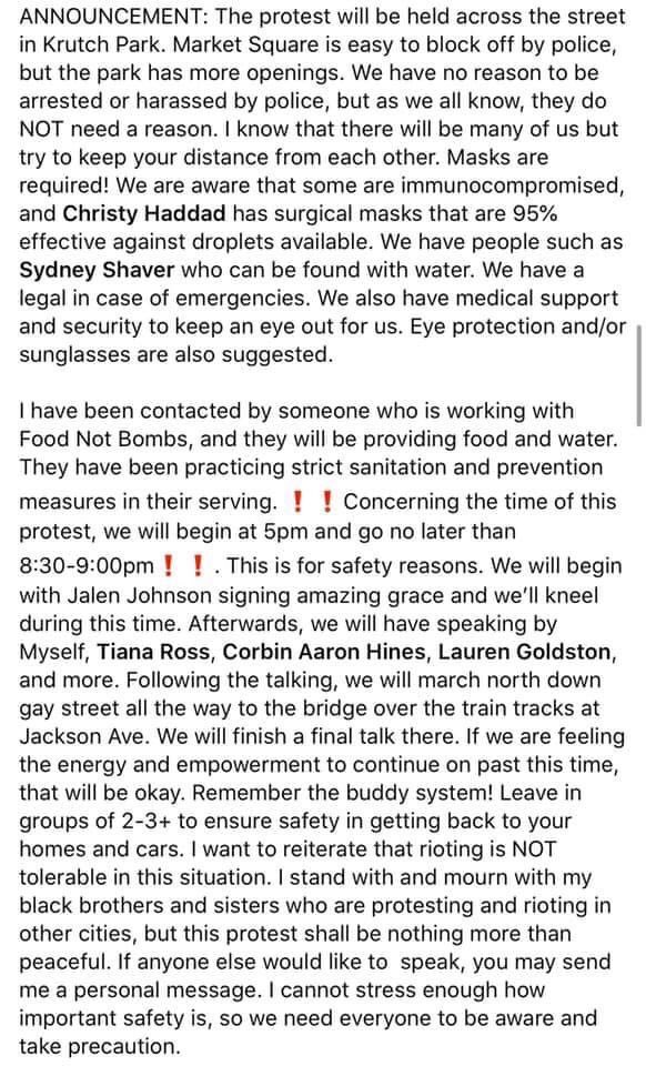 BigZachSnx's tweet photo. ‼️HAPPENING TONIGHT IN KNOXVILLE‼️

organizers are making clear that this it to be a peaceful protest. We are wanting to protect each other from police that will enact violence for no reason. https://t.co/JbBbkkcT9s
