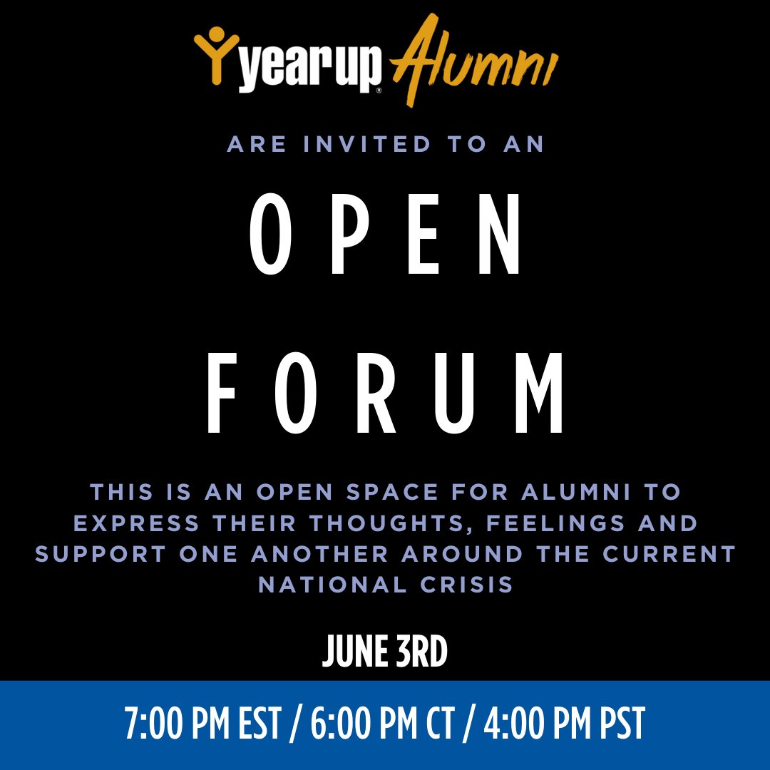 yearupalumni's tweet photo. This is your opportunity to share your thoughts and feelings in an open space about our nation's current events.
Register here - https://t.co/qLHnrvffdz
#yearup #yearupalumni #blacklivesmatter #georgefloyd #sayhisname #Icantbreathe #ahmaudarbery #weneedchange #breonnataylor https://t.co/pw1DKdHOUI