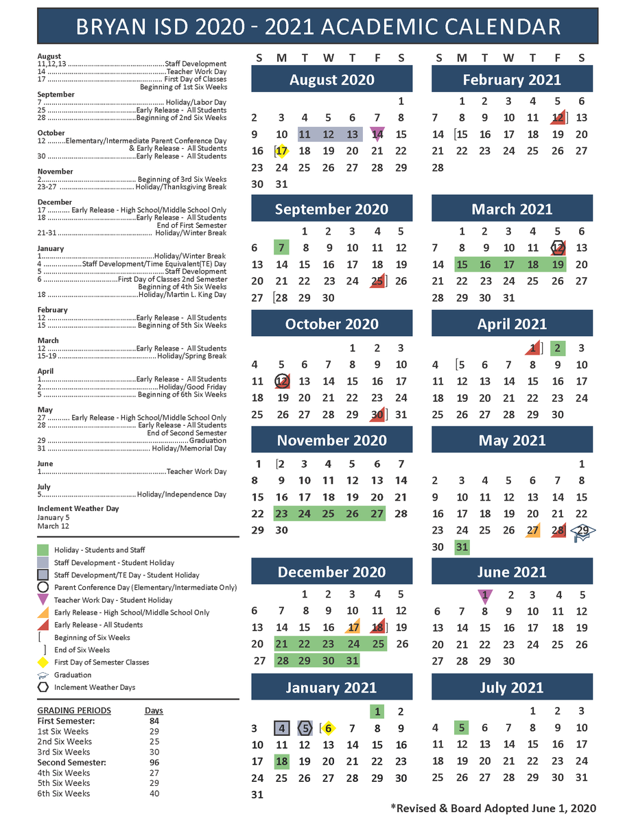 BryanISD's tweet photo. CALENDAR CHANGE: Due to COVID-19 school closures, the Bryan ISD Board approved slight revisions to the 2020-2021 Academic Calendar today. The first day changed from Aug. 19 to Aug. 17. And, the last day changed from May 26 to May 28. View the New Calendar: https://t.co/LlpluqdHPs https://t.co/vXnwvZjz4n