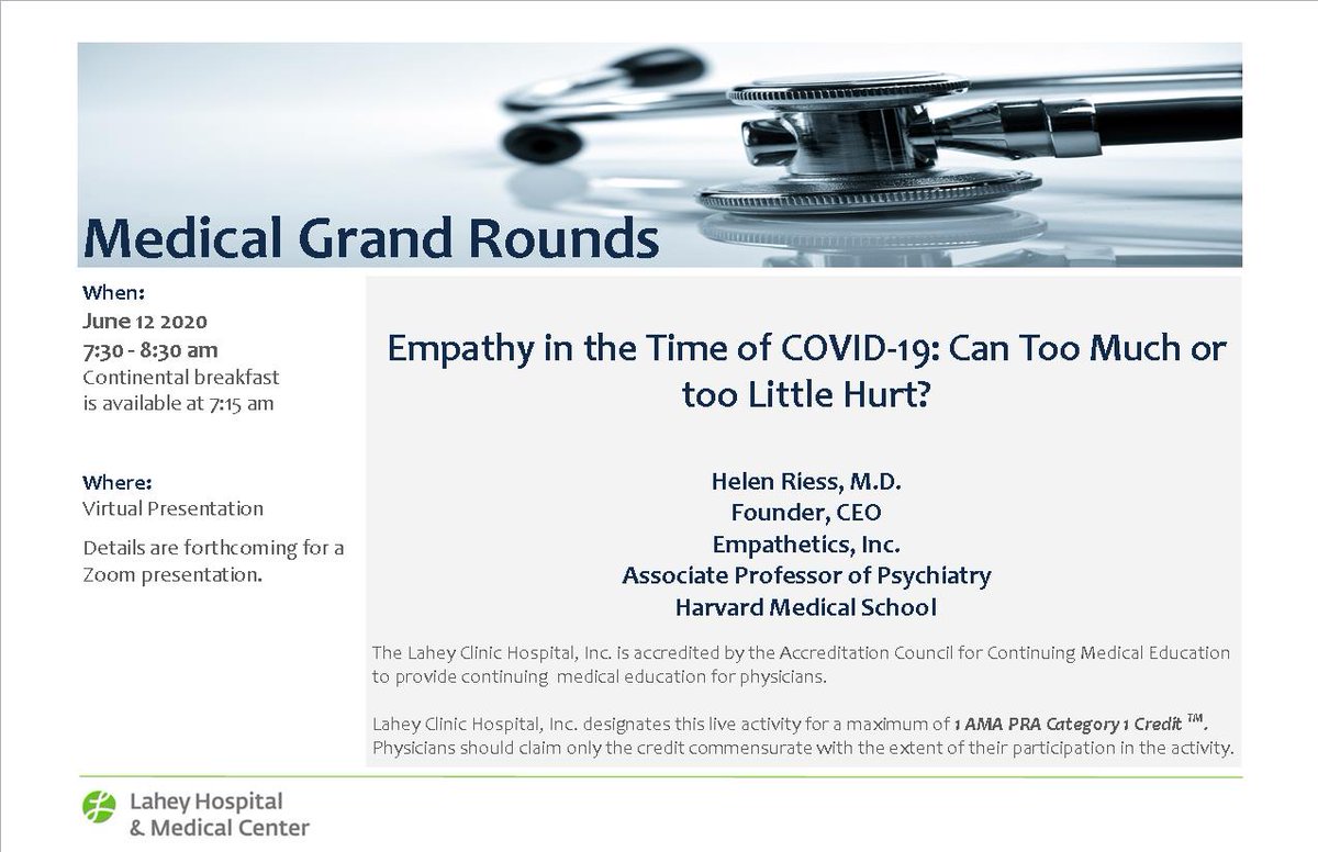 Please join us for Medical Grand Rounds on June 12 at 7:30am with guest speaker Dr.Helen Riess. Dr. Riess and her teams are dedicated to transforming healthcare systems into compassionate care systems and we are very excited to have her! Zoom details are forthcoming.