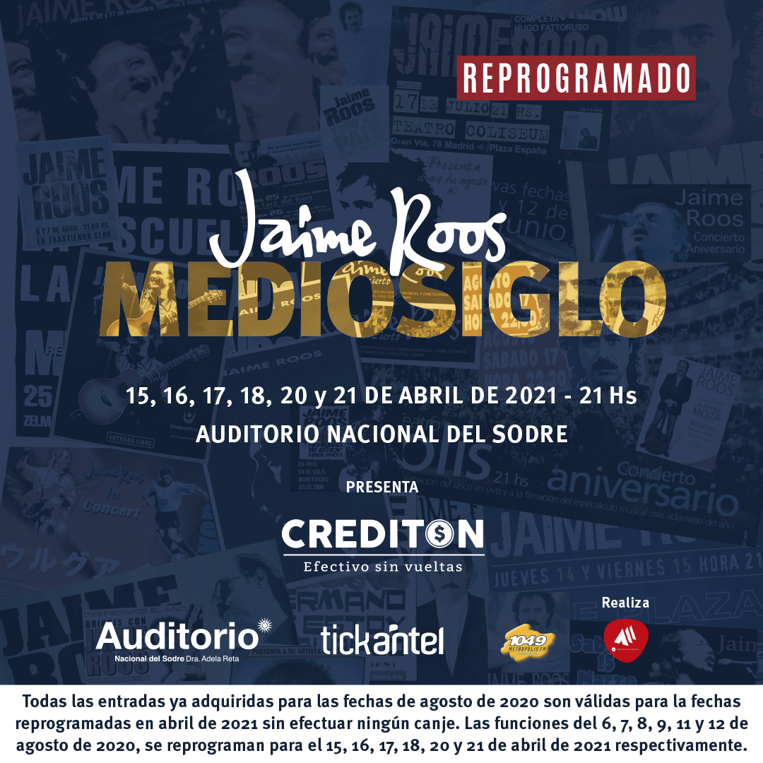 AMproductora's tweet photo. 📣COMUNICADO📣
Ante los hechos de público conocimiento, y las recomendaciones sanitarias existentes, comunicamos la reprogramación de los shows de JAIME ROOS "Mediosiglo" para para los días 15, 16, 17, 18, 20 y 21 de abril de 2021 en SODRE. https://t.co/Pe6df1gWkZ https://t.co/XVf8WJblZN