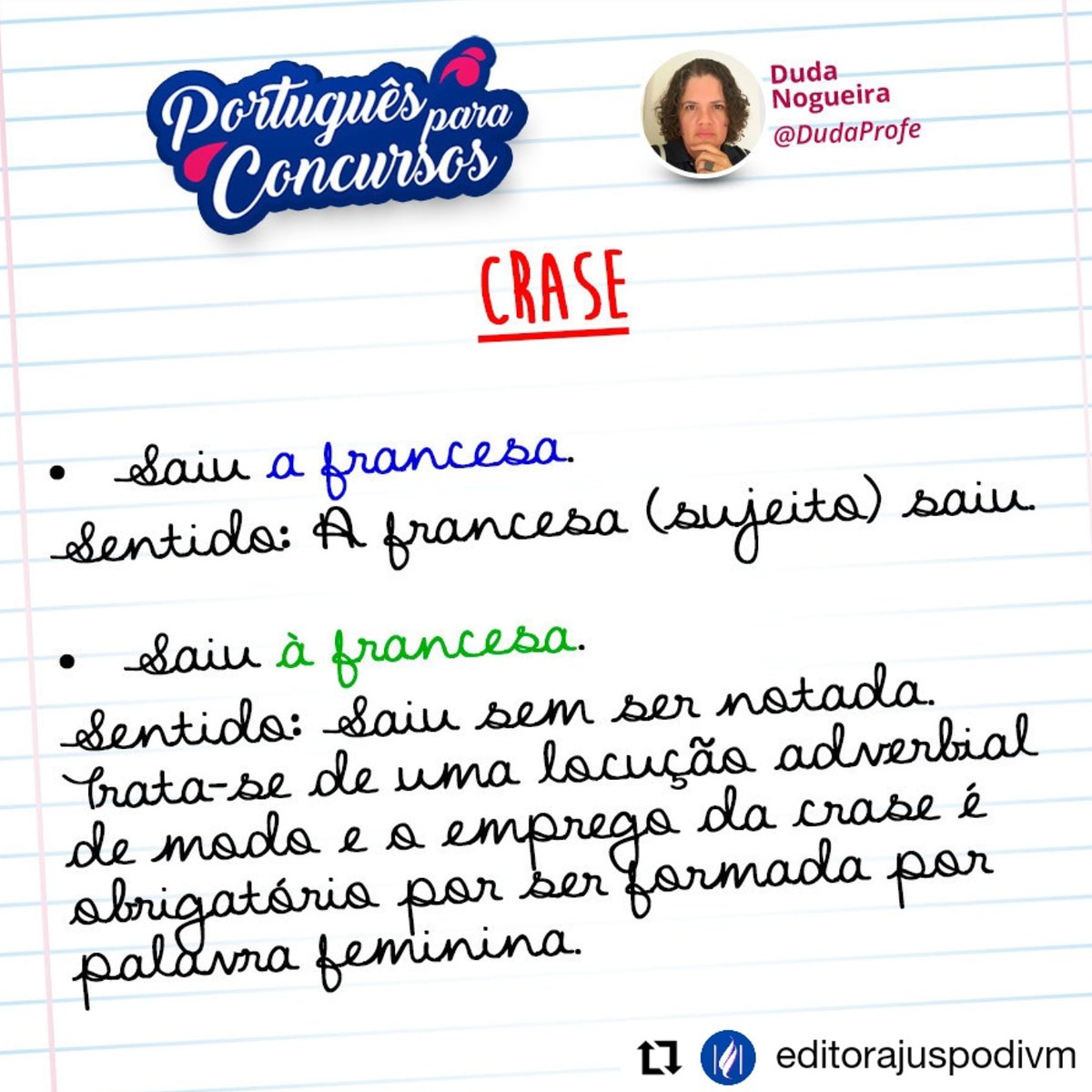 DudaProfe's tweet photo. Fique de olho na francesa. 😊
#DudaNogueira #DudaProfe #LínguaPortuguesaParaConcursos #Crase #ConcursoPúblico https://t.co/Qc3sGwWAUp