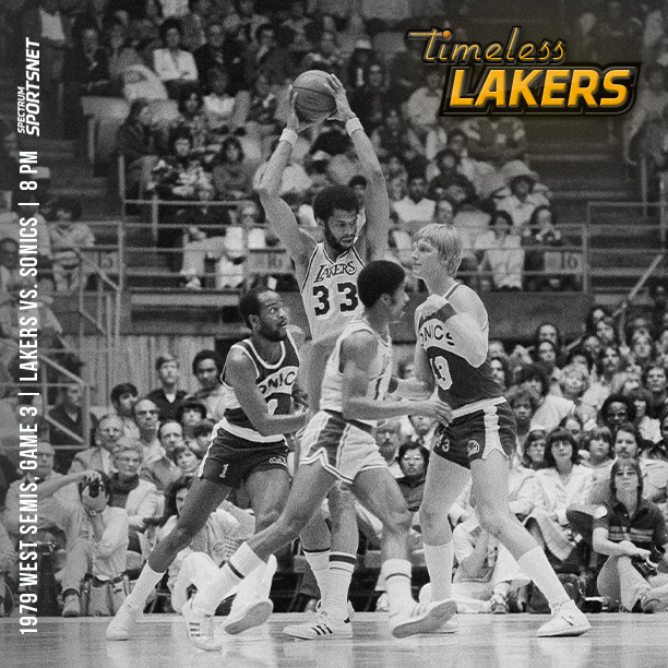 SpectrumSN's tweet photo. Tonight at 8 PM we'll be airing Game 3 of the 1979 West Semifinals when @kaj33 went for 32 points against the Sonics. #TimelessLakers https://t.co/L31BKwmP87