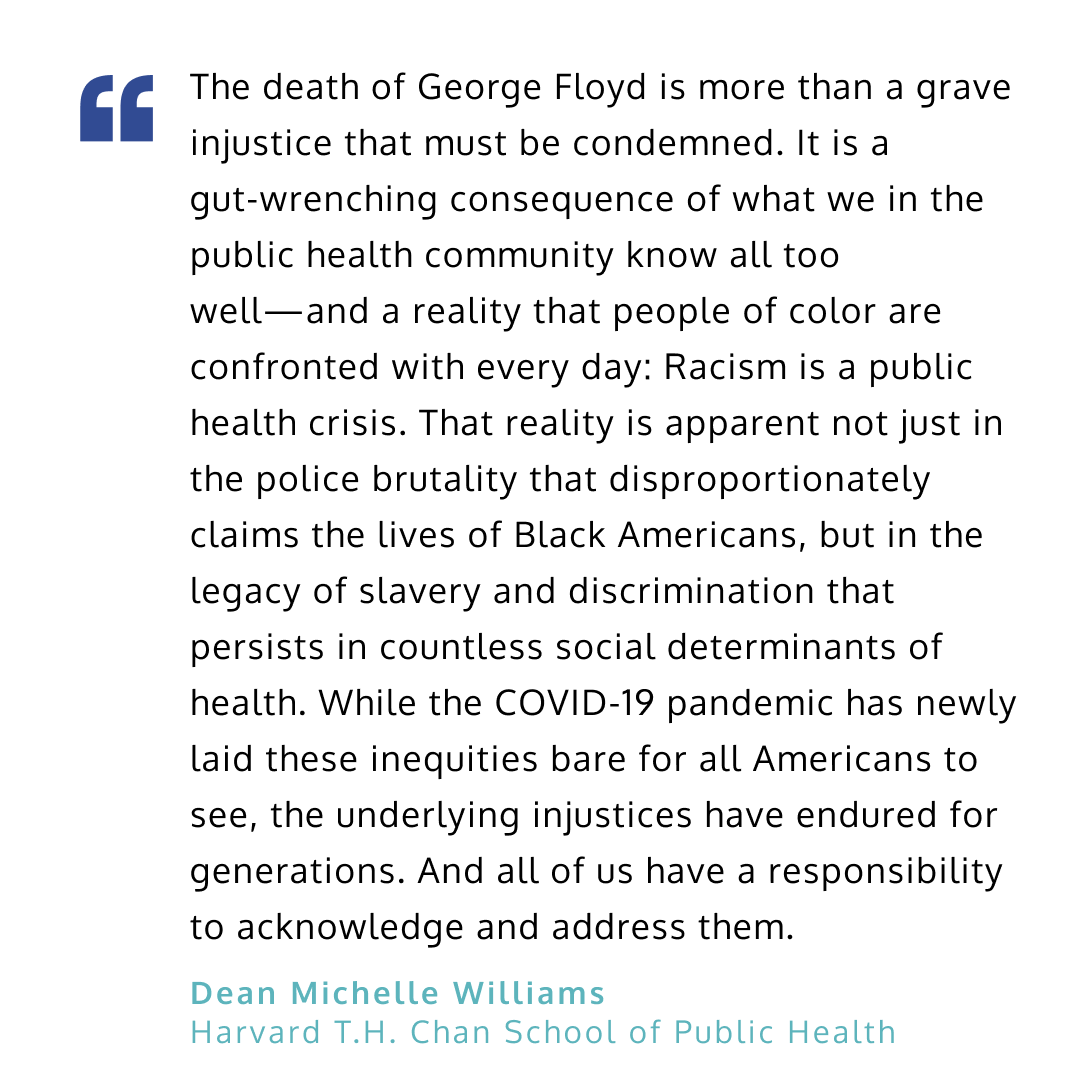 ariannahuff's tweet photo. Must-read statement about racism not just being a grave injustice but a public health crisis from the @HarvardChanDean (and our #FirstRespondersFirst partner) Michelle Williams. @harvardchansph #BlackLivesMatter https://t.co/XrJJBN70ec https://t.co/wu6seqHU8F