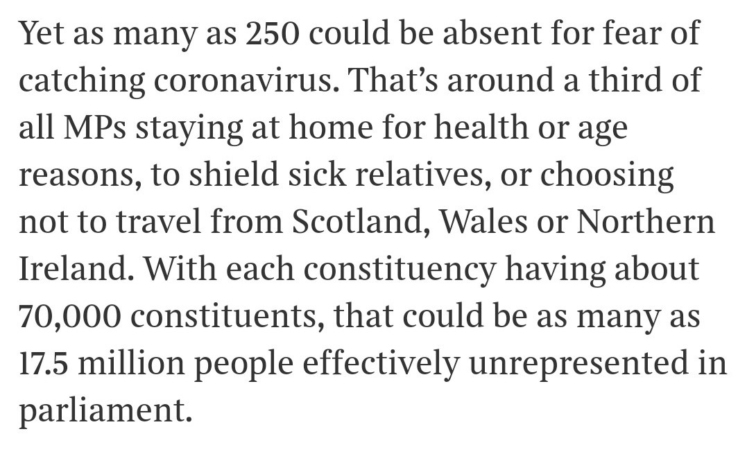 The consequences of the motion passing will be profound. Here's  @timesredbox this morning: if it passes as many as 250 MPs will be unable to attend Parliament and vote; as many as 17.5 million voters will go without representation.