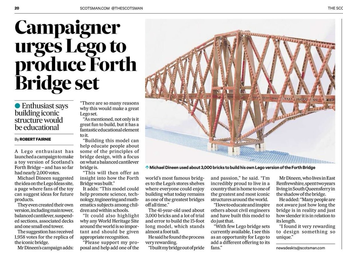 Michael Dineen (@minifigscotland) on Twitter photo As featured in S2E5 of BBC’s #InsideCentralStation please follow the link below to help get #theforthbridge made into Scotland’s VERY FIRST Lego set!
bit.ly/3ddlBA2 <a href="/welcometofife/">Welcome to Fife</a> <a href="/FifeFreePressEd/">Allan Crow</a> <a href="/LoveDunfermline/">Visit Dunfermline</a> <a href="/ScotsMagazine/">ScotsMagazine</a> <a href="/Scot_Heritage/">Scottish Heritage</a> @AroundFife As featured in S2E5 of BBC’s #InsideCentralStation please follow the link below to help get #theforthbridge made into Scotland’s VERY FIRST Lego set!
bit.ly/3ddlBA2 <a href="/welcometofife/">Welcome to Fife</a> <a href="/FifeFreePressEd/">Allan Crow</a> <a href="/LoveDunfermline/">Visit Dunfermline</a> <a href="/ScotsMagazine/">ScotsMagazine</a> <a href="/Scot_Heritage/">Scottish Heritage</a> @AroundFife