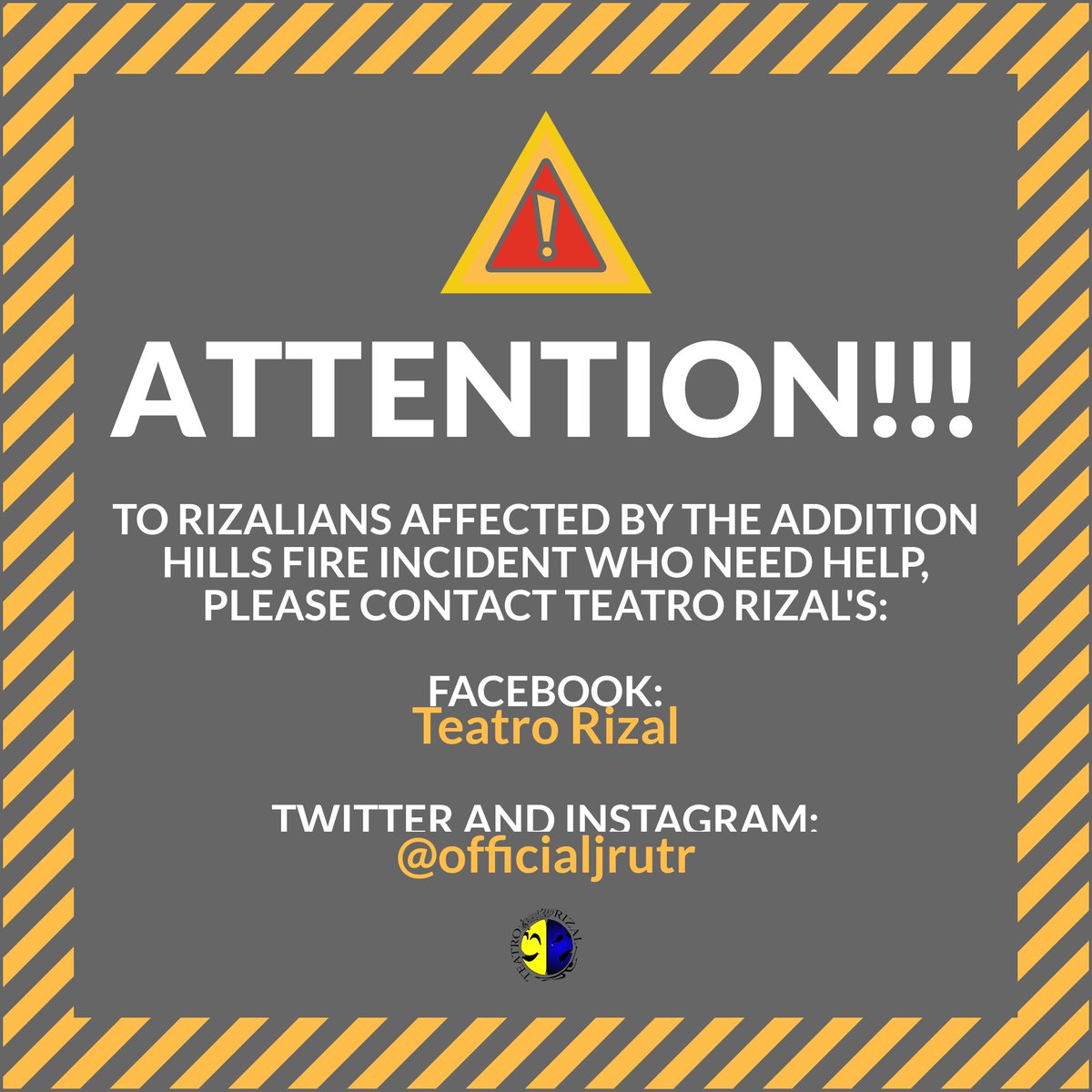 OfficialJRUTR's tweet photo. ❗️❗️❗️ Attention Rizalians ❗️❗️❗️

If you are affected or you know someone who is affected by the addition hills fire incident: 

Message our Facebook page or on any of our social media sites if you need any help.

Twitter and Instagram:
@OfficialJRUTR 

Facebook:
Teatro Rizal https://t.co/YFfH0qDtSo