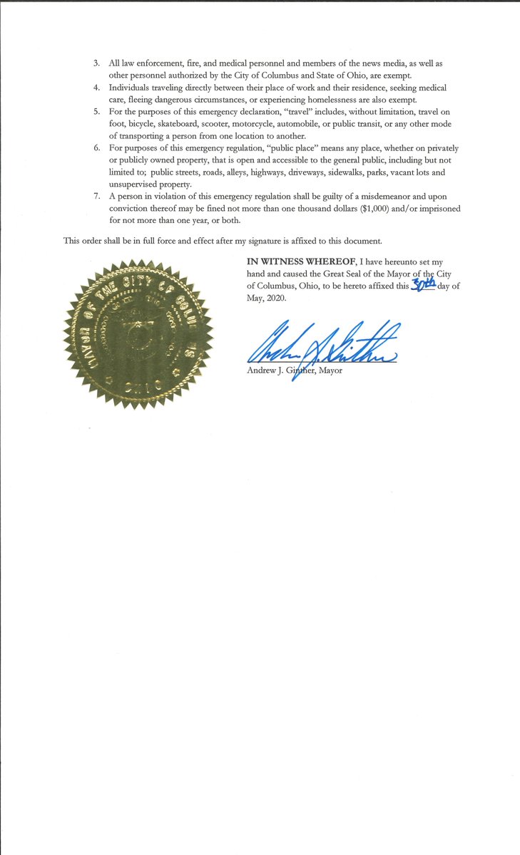 .<a href="/MayorGinther/">Mayor Andrew Ginther</a> signed an executive order implementing a curfew on the City of Columbus from 10 p.m. to 6 a.m. 

This order will remain in effect until it rescinded by the Mayor.