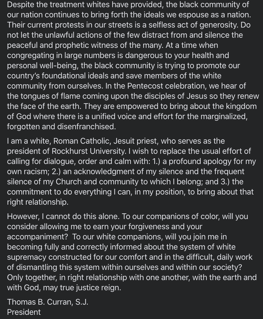 RockhurstU's tweet image. Thoughts on the Death of George Floyd, A Message on Pentecost 2020 from Rockhurst President the Rev. Thomas B. Curran, S.J.