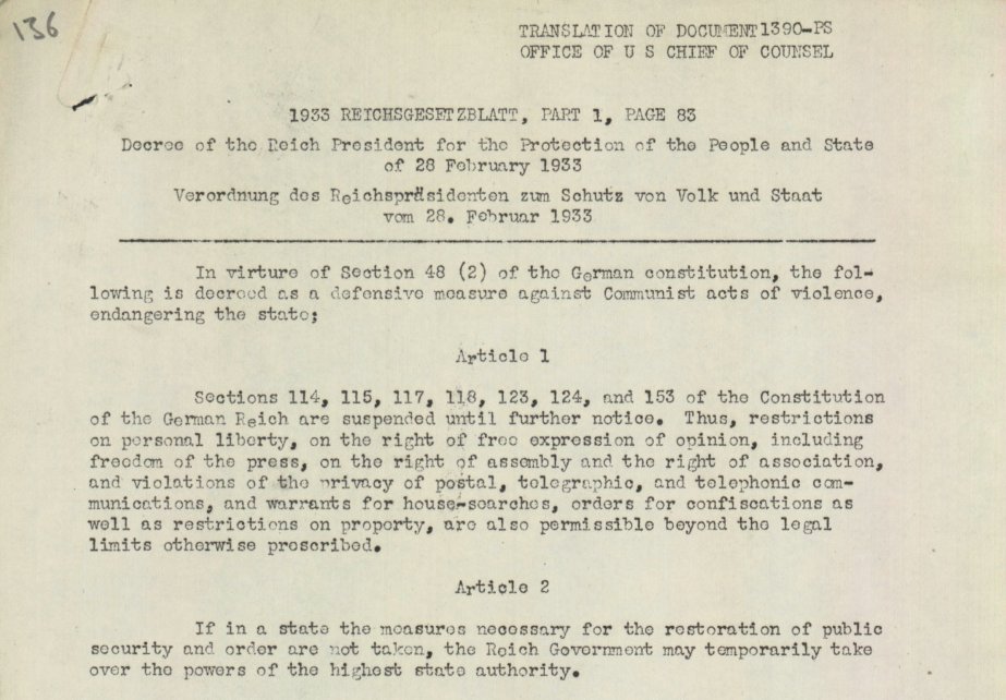 2/ One day later, the "Reichstag Fire Decree" was passed. "Sections 114/115/117 etc of the Constitution are suspended until further notice. Restrictions on free expression, freedom of press, privacy, warrants for house searches etc are also permissible beyond the legal limits. ."