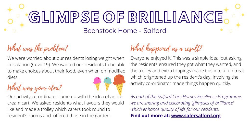 Who wants an ice cream? 🍦🍨Check out our new #glimpseofbrilliance from Beenstock #carehome in #Salford. Let’s not forget the small things we can do to keep residents healthy, happy and engaged in #nutrition #COVID19. Find out more here: safersalford.org/glimpses-of-br…