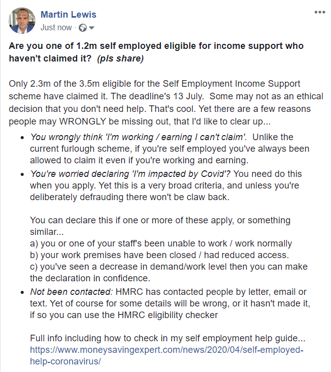 IMPORTANT: 1.2m eligible people are missing out on the Self Employment Income Support Scheme.  This may be for the WRONG reasons, please help spread this information...