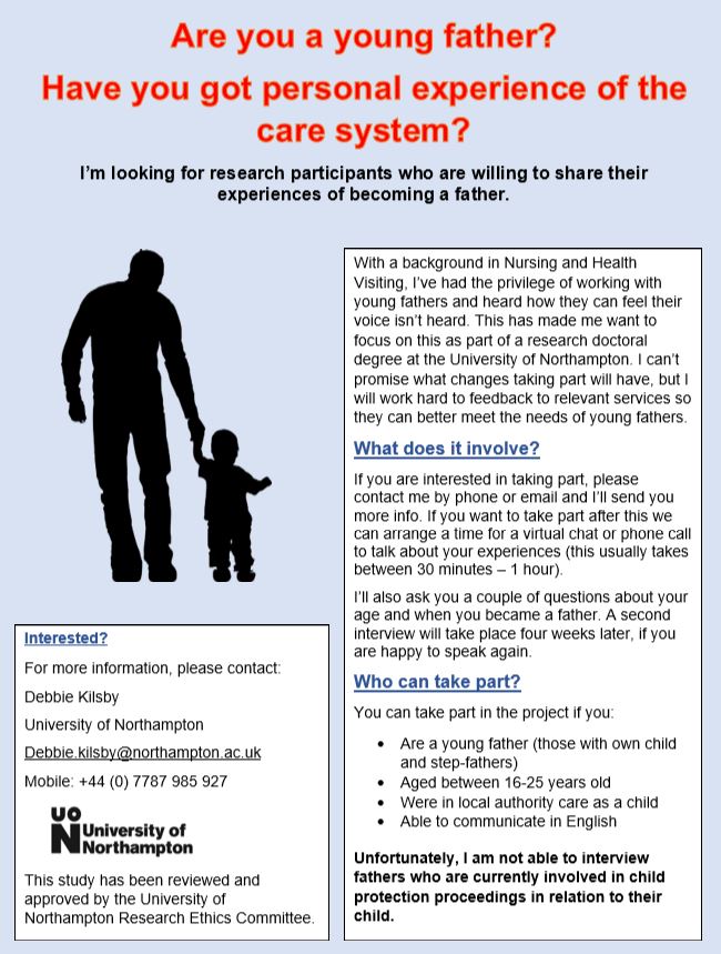 Debbie Kilsby (@debbiekilsby) on Twitter photo Currently recruiting for participants to take part in research into young fathers with experience of being in care. Interested and / or questions? Contact me for details. <a href="/UniNorthants/">UniofNorthampton</a> <a href="/UniNhantsNews/">UniofNorthamptonNews</a> <a href="/MichellePyer/">Dr Michelle Pyer</a> pls retweet #care #careleaver #research #youngfathers Currently recruiting for participants to take part in research into young fathers with experience of being in care. Interested and / or questions? Contact me for details. <a href="/UniNorthants/">UniofNorthampton</a> <a href="/UniNhantsNews/">UniofNorthamptonNews</a> <a href="/MichellePyer/">Dr Michelle Pyer</a> pls retweet #care #careleaver #research #youngfathers