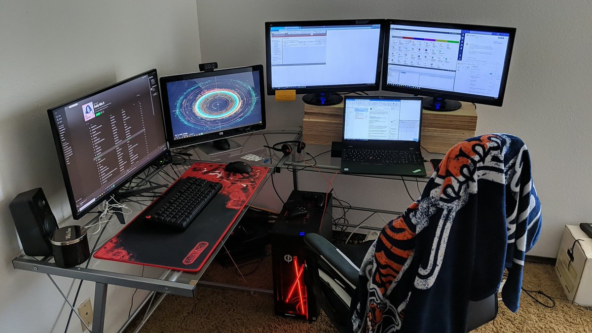 Just moved into my new place and I am working from home permanently.

This setup is not it right now. I need ideas/recommendations for desks/chairs. I need picture of you guy's setups.
