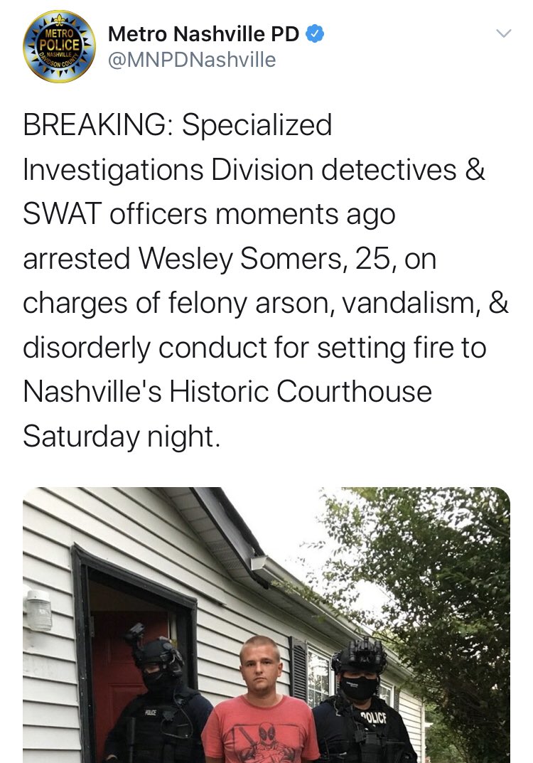 ..Mark Somers; White Supremacist who started the Nashville Courthouse fire is not doing this on his own. There are many such racists who are sabotaging the  #BLM and  #GeorgeFloyd protest. Some in the open and some with obvious disguises. 2/7